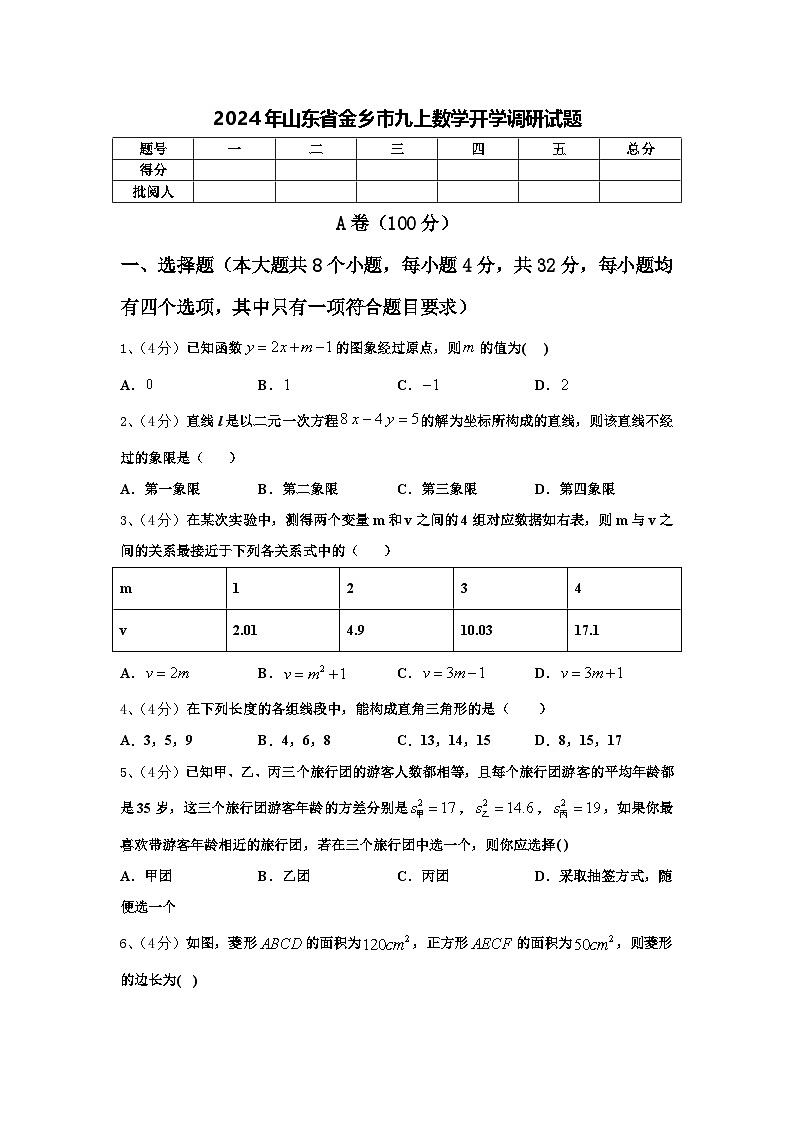 2024年山东省金乡市九上数学开学调研试题【含答案】第1页