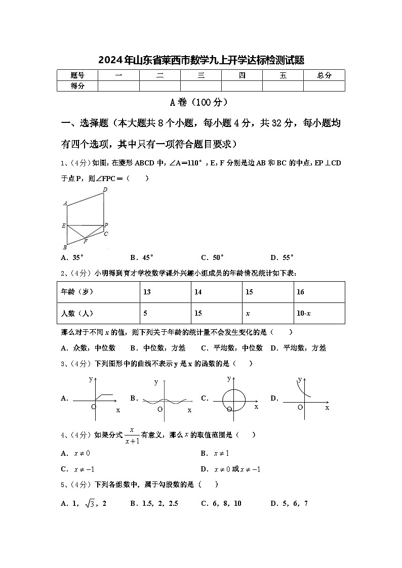 2024年山东省莱西市数学九上开学达标检测试题【含答案】01