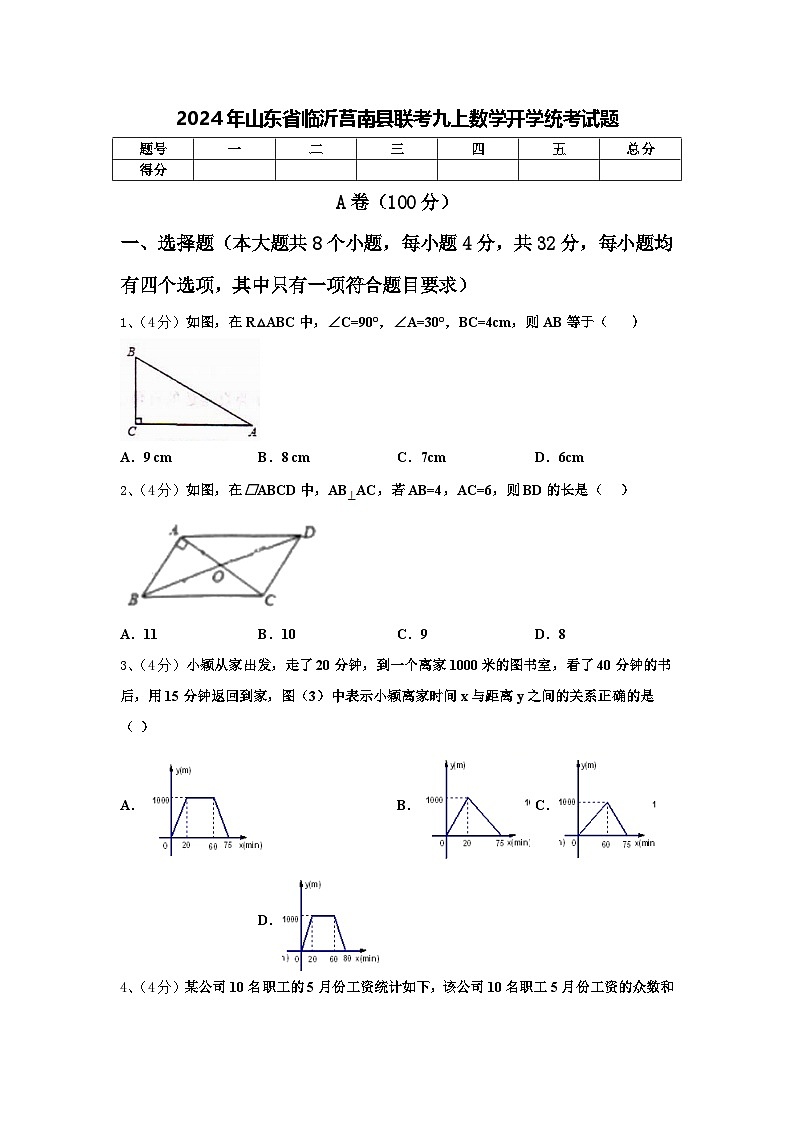 2024年山东省临沂莒南县联考九上数学开学统考试题【含答案】第1页