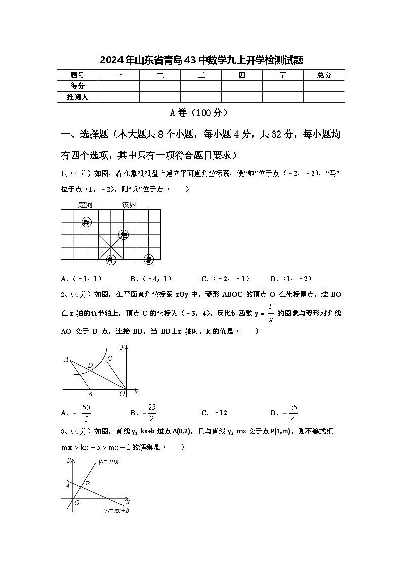 2024年山东省青岛43中数学九上开学检测试题【含答案】01