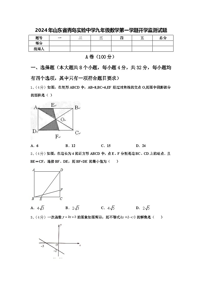 2024年山东省青岛实验中学九年级数学第一学期开学监测试题【含答案】第1页