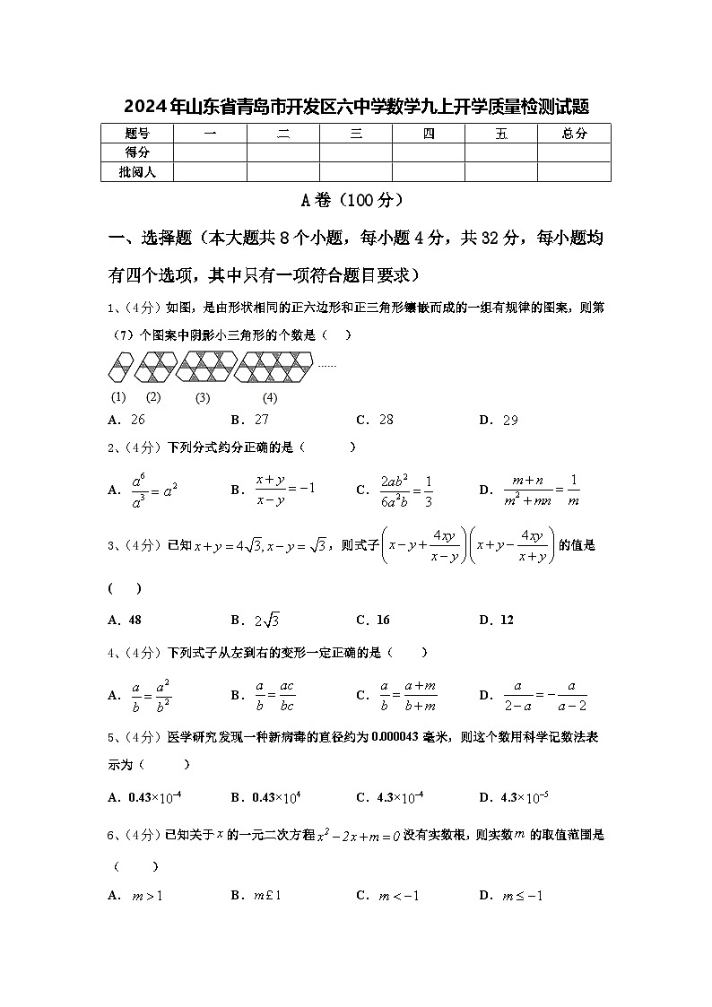 2024年山东省青岛市开发区六中学数学九上开学质量检测试题【含答案】01