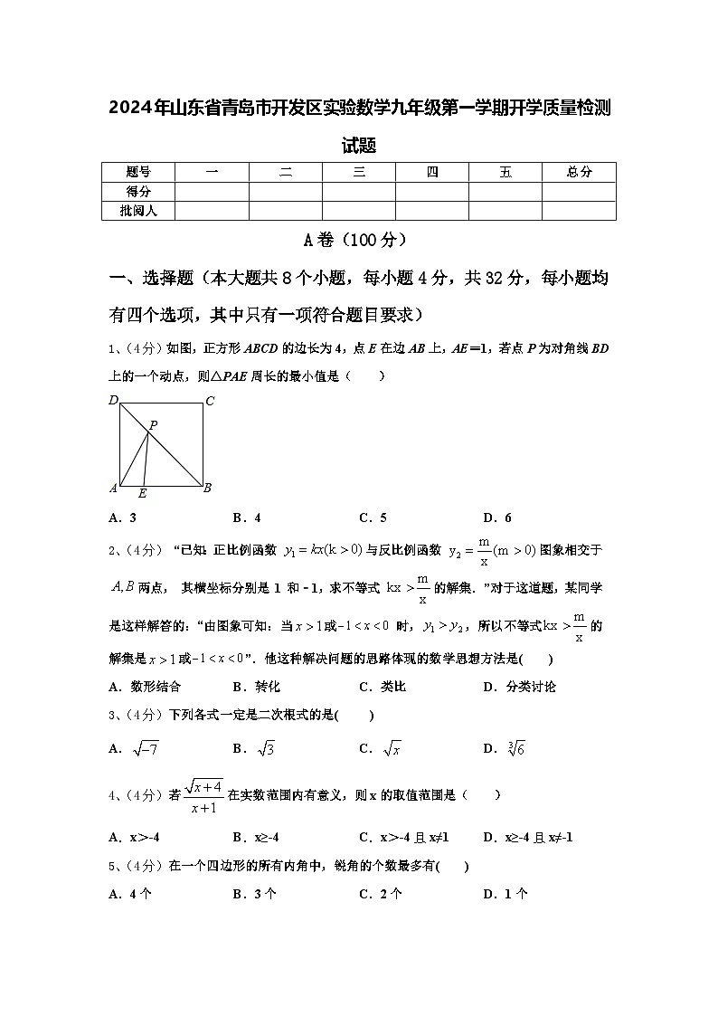 2024年山东省青岛市开发区实验数学九年级第一学期开学质量检测试题【含答案】01