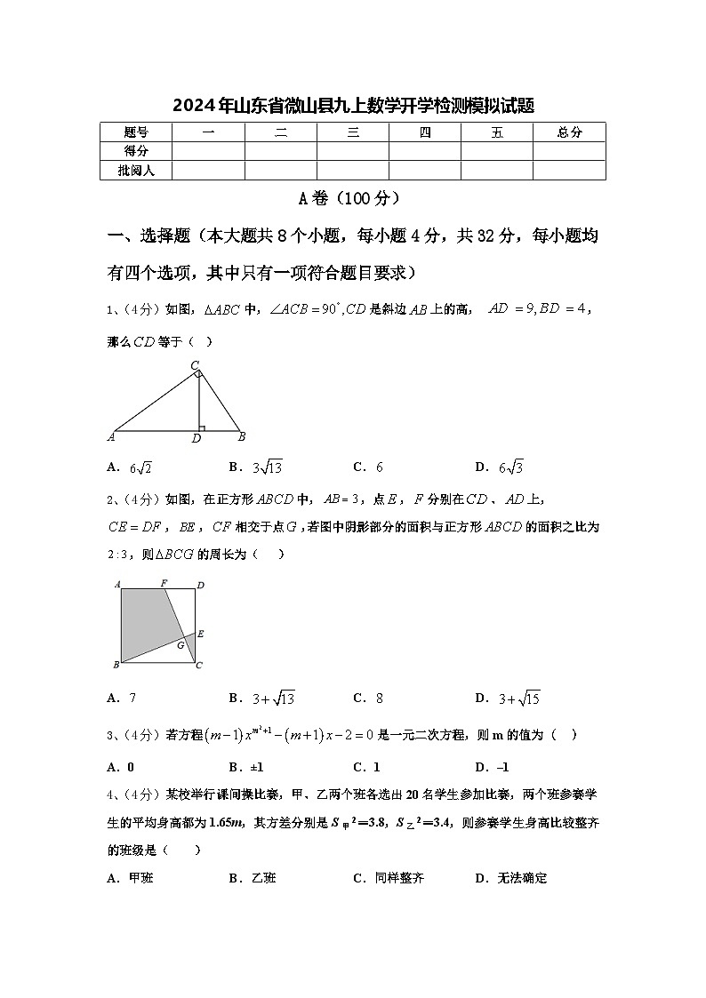 2024年山东省微山县九上数学开学检测模拟试题【含答案】01