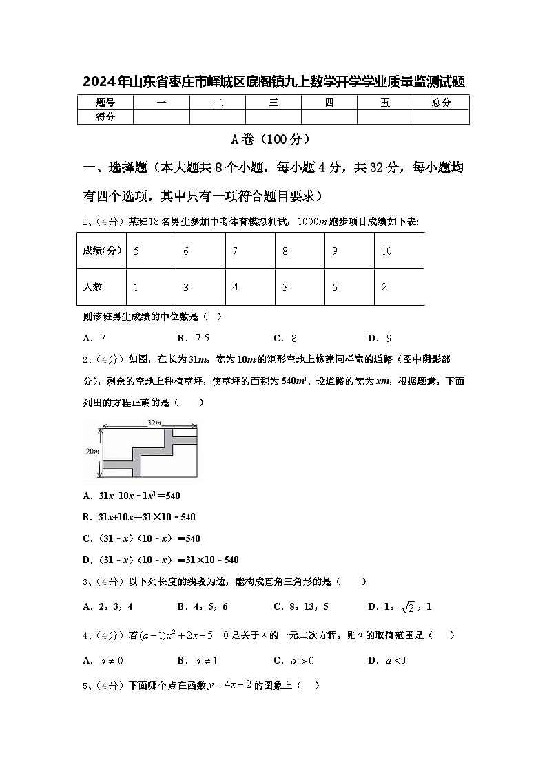 2024年山东省枣庄市峄城区底阁镇九上数学开学学业质量监测试题【含答案】第1页