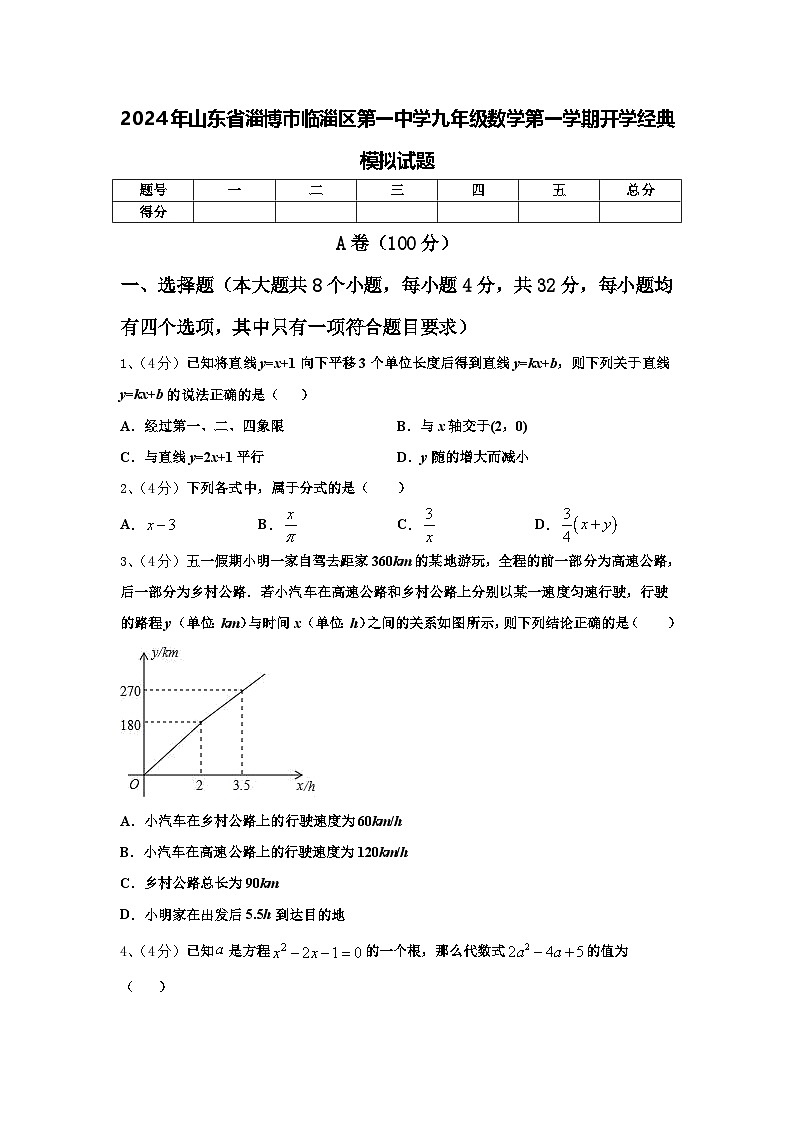 2024年山东省淄博市临淄区第一中学九年级数学第一学期开学经典模拟试题【含答案】01