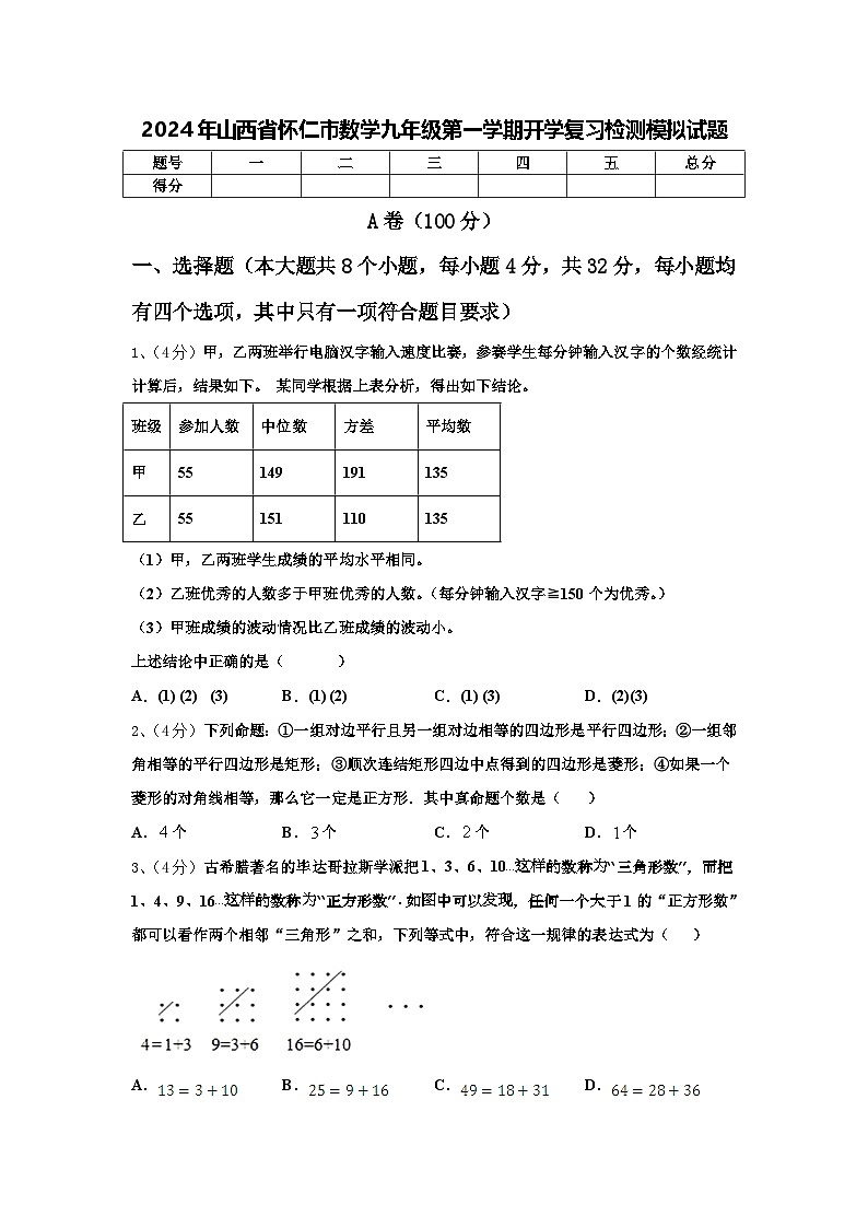 2024年山西省怀仁市数学九年级第一学期开学复习检测模拟试题【含答案】第1页