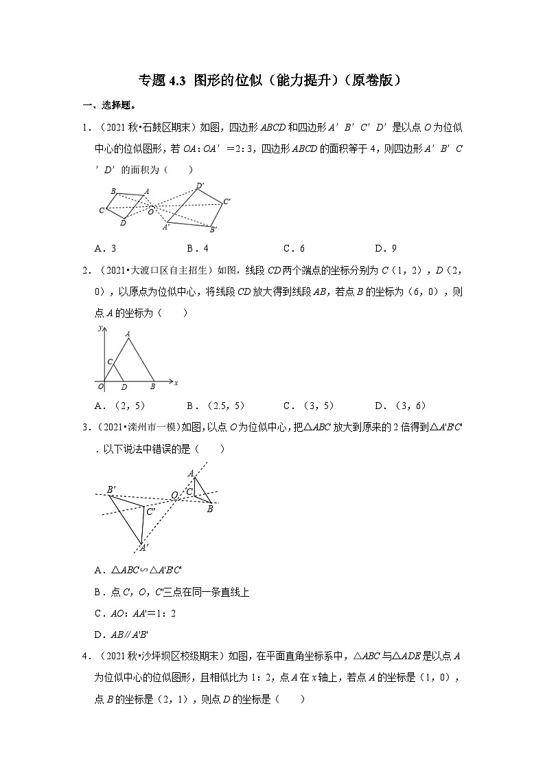 北师大版九年级数学上册《同步考点解读•专题训练》专题4.3图形的位似(能力提升)(原卷版+解析)01