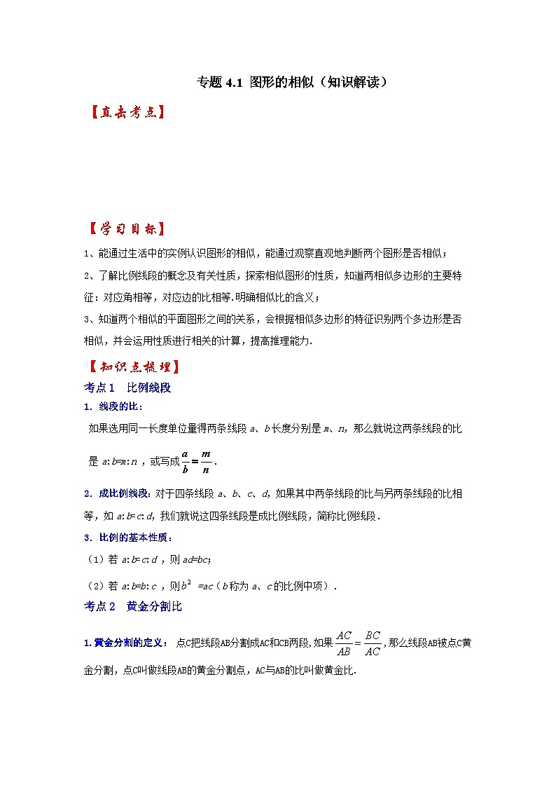 北师大版九年级数学上册《同步考点解读•专题训练》 专题4.1 图形的相似（知识解读）第1页