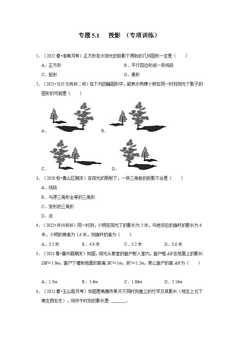 北师大版九年级数学上册《同步考点解读•专题训练》专题5.1投影(专项训练)(原卷版+解析)第1页