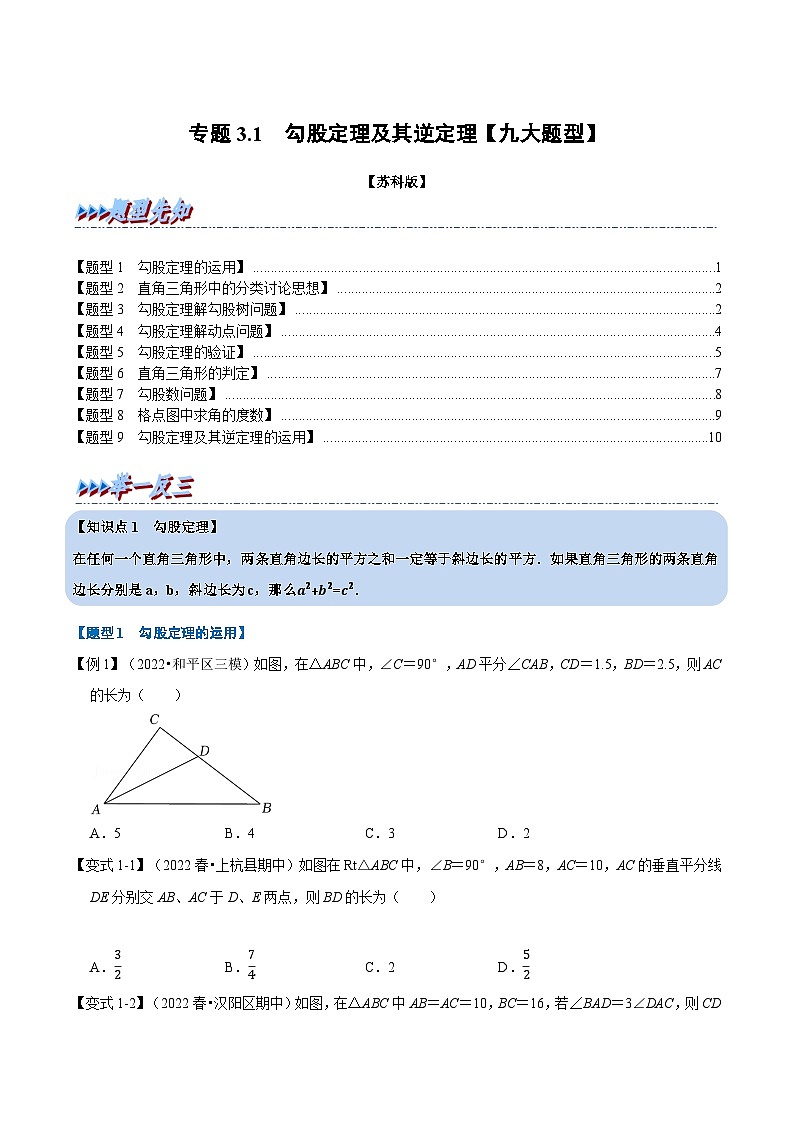 苏科版八年级数学上册举一反三系列专题3.1勾股定理及其逆定理【九大题型】特训(原卷版+解析)01