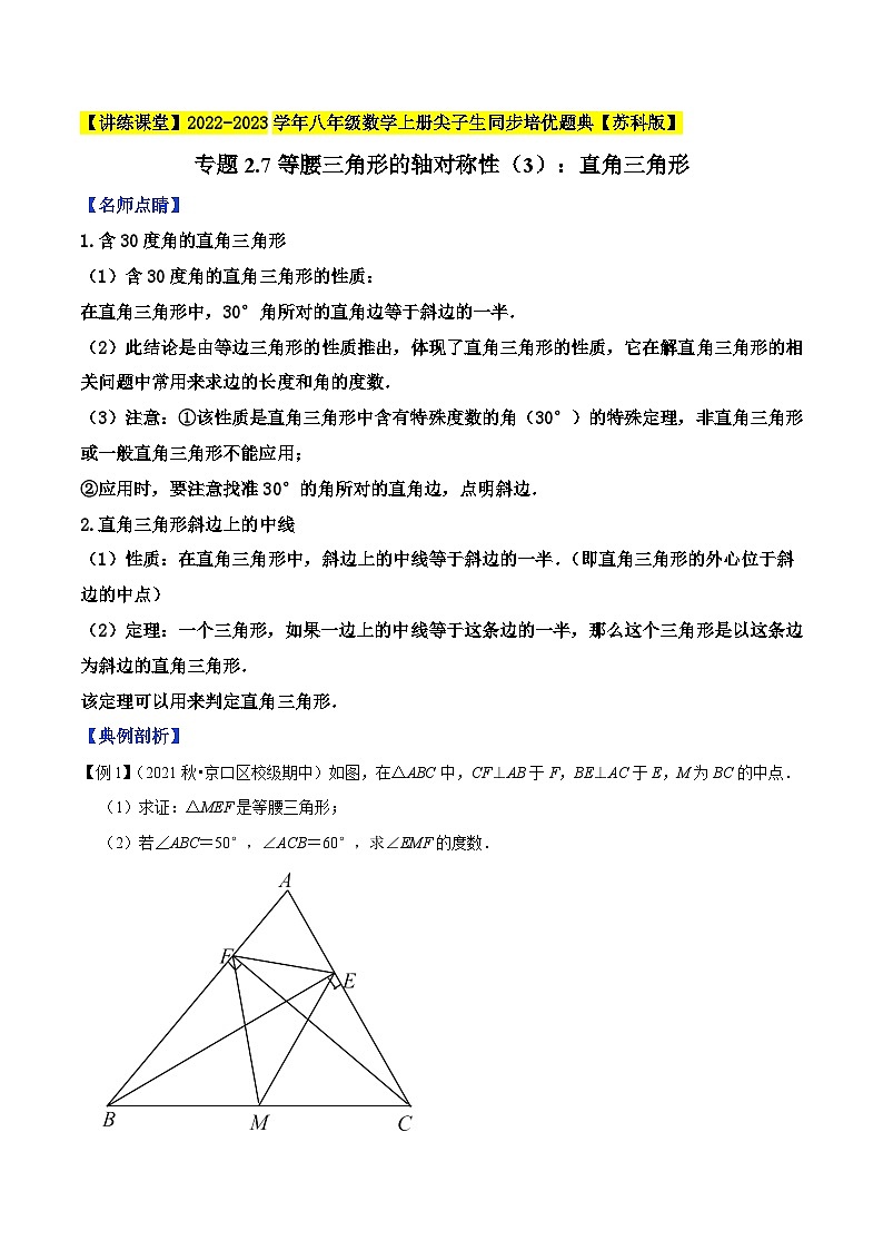 苏科版八年级数学上册尖子生同步培优题典专题2.7等腰三角形的轴对称性(3)特训(原卷版+解析)第1页