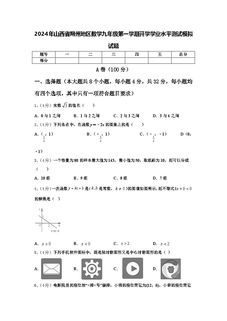 2024年山西省朔州地区数学九年级第一学期开学学业水平测试模拟试题【含答案】01