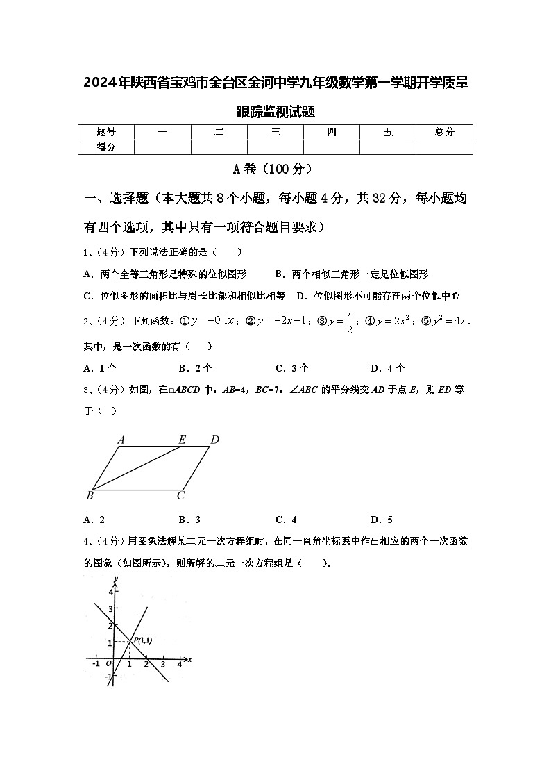 2024年陕西省宝鸡市金台区金河中学九年级数学第一学期开学质量跟踪监视试题【含答案】第1页