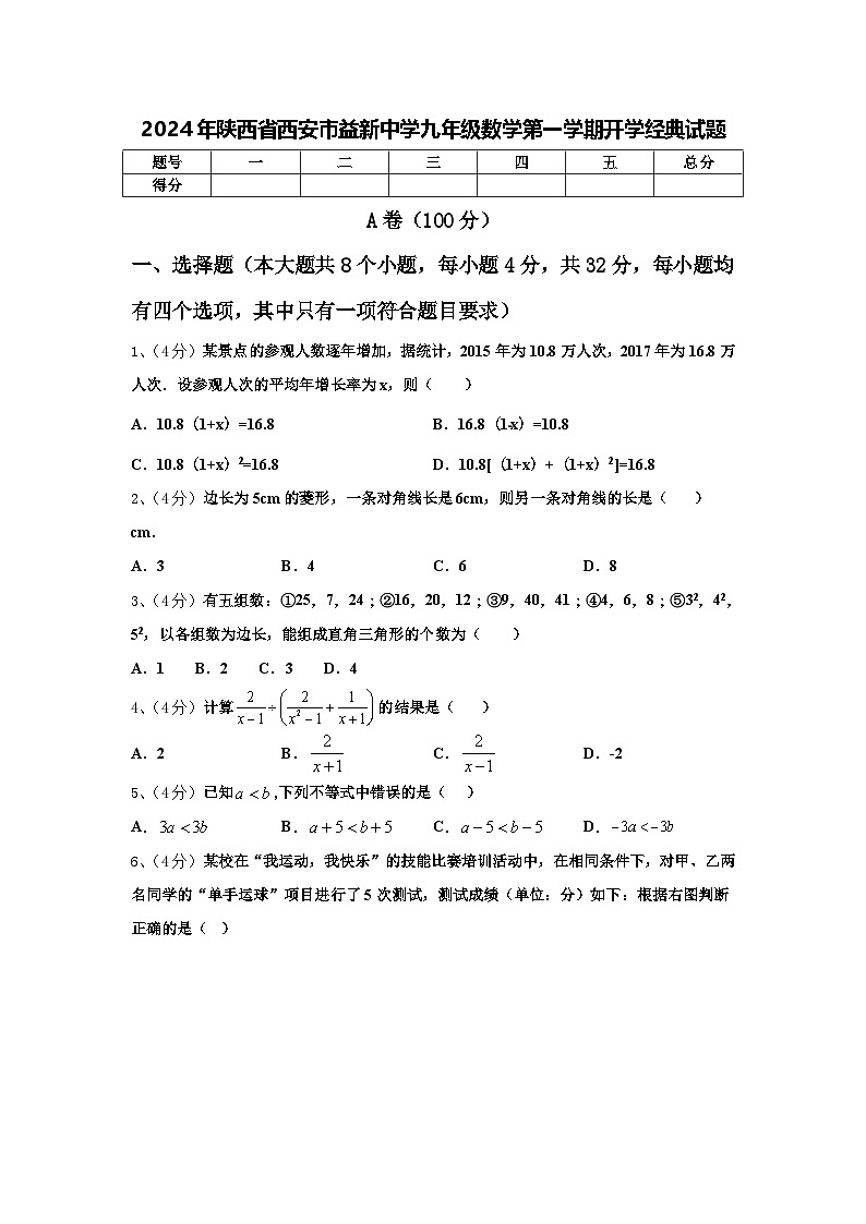 2024年陕西省西安市益新中学九年级数学第一学期开学经典试题【含答案】01