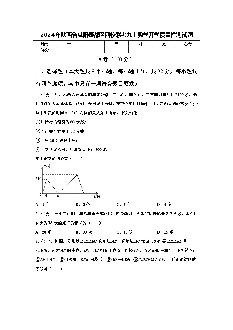 2024年陕西省咸阳秦都区四校联考九上数学开学质量检测试题【含答案】01