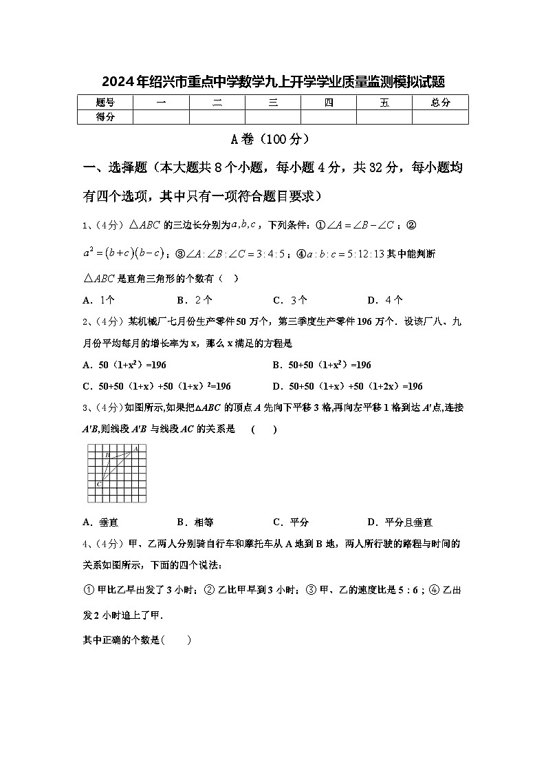 2024年绍兴市重点中学数学九上开学学业质量监测模拟试题【含答案】01