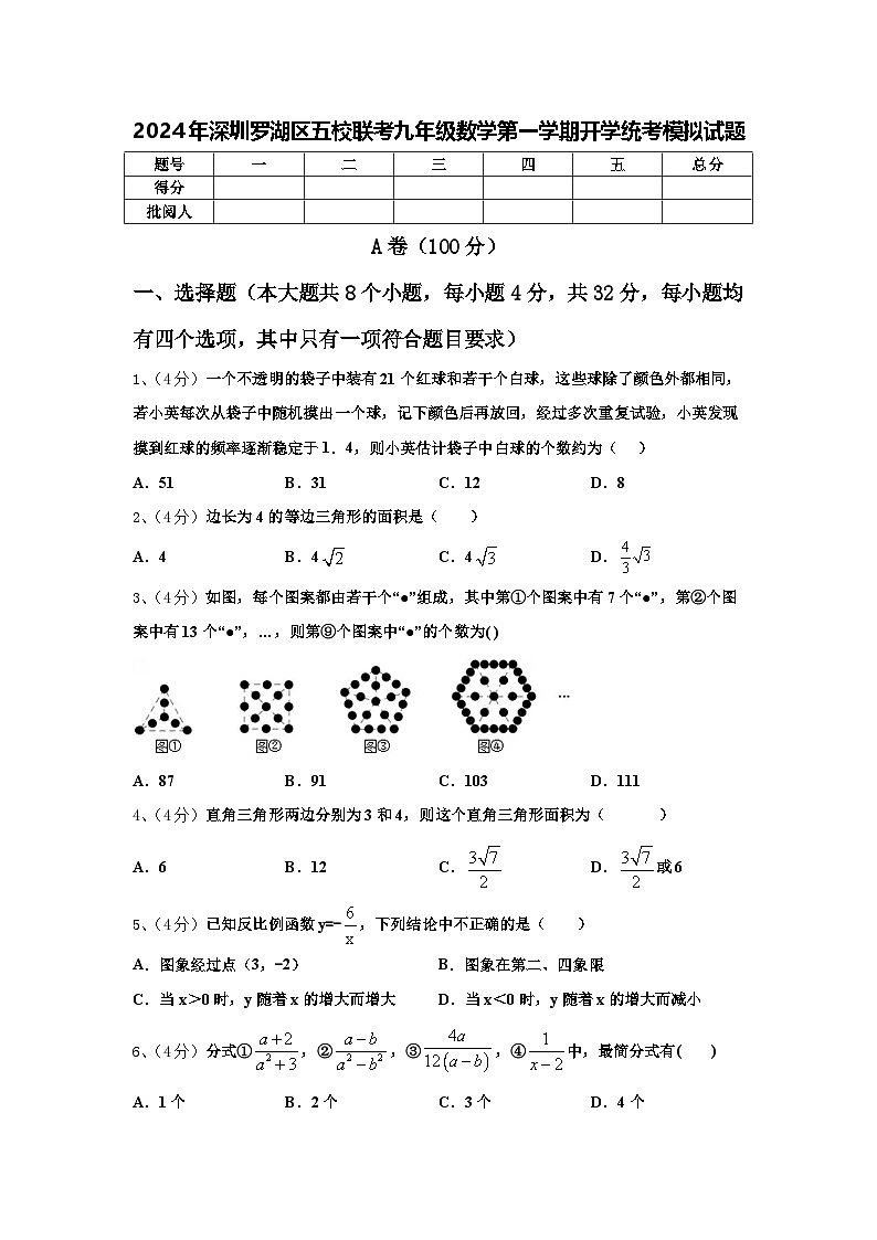 2024年深圳罗湖区五校联考九年级数学第一学期开学统考模拟试题【含答案】01
