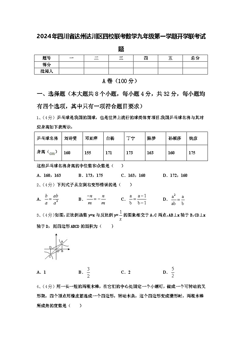 2024年四川省达州达川区四校联考数学九年级第一学期开学联考试题【含答案】第1页