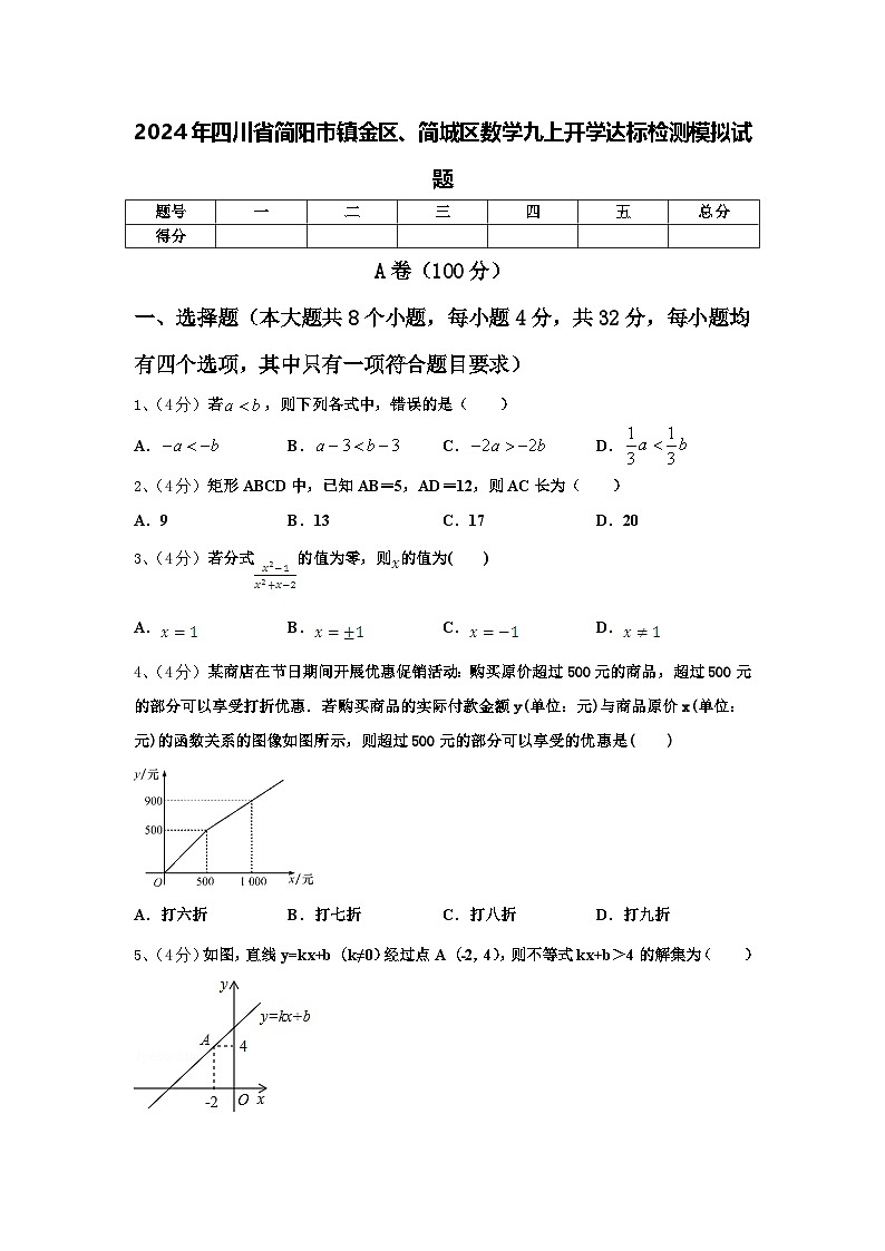 2024年四川省简阳市镇金区、简城区数学九上开学达标检测模拟试题【含答案】第1页