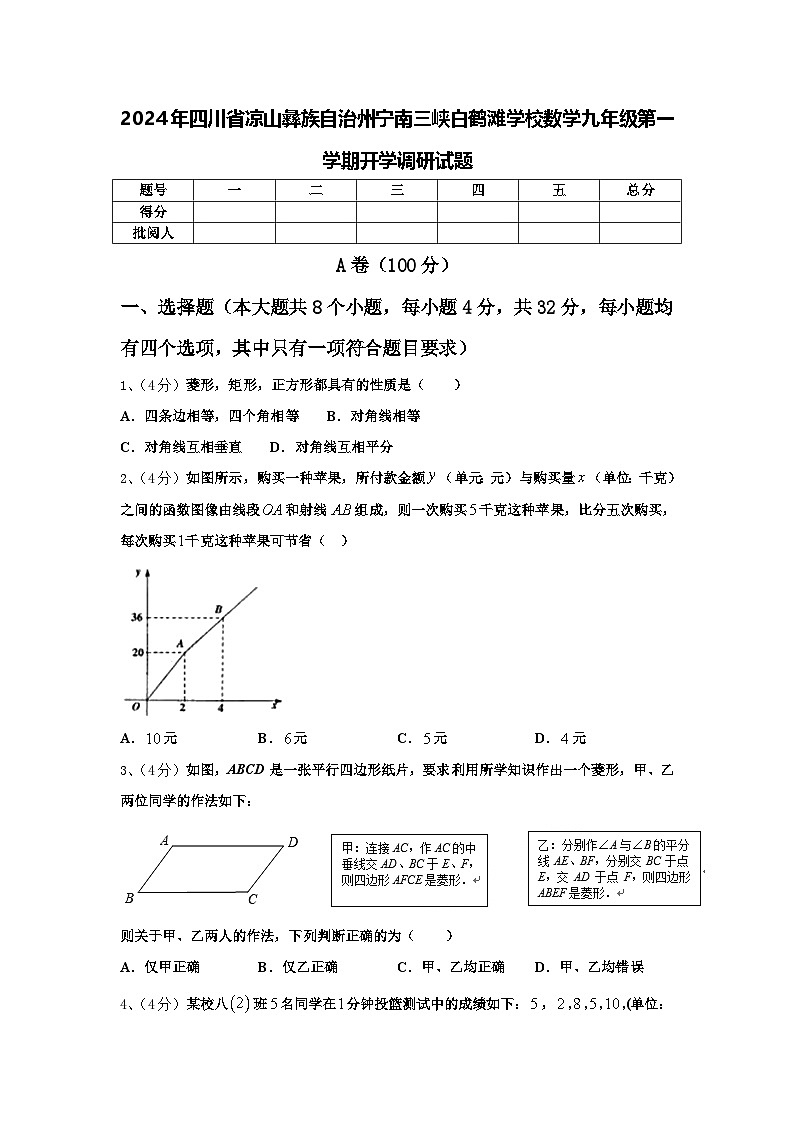 2024年四川省凉山彝族自治州宁南三峡白鹤滩学校数学九年级第一学期开学调研试题【含答案】第1页