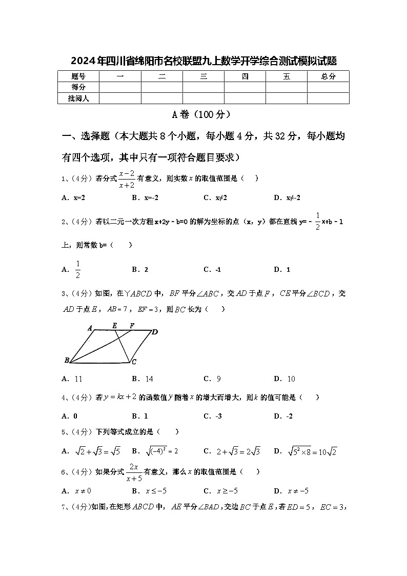 2024年四川省绵阳市名校联盟九上数学开学综合测试模拟试题【含答案】01