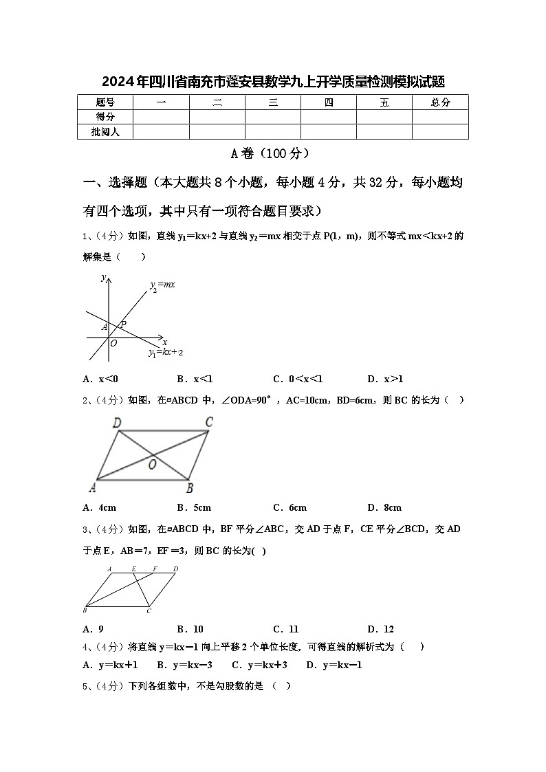2024年四川省南充市蓬安县数学九上开学质量检测模拟试题【含答案】01