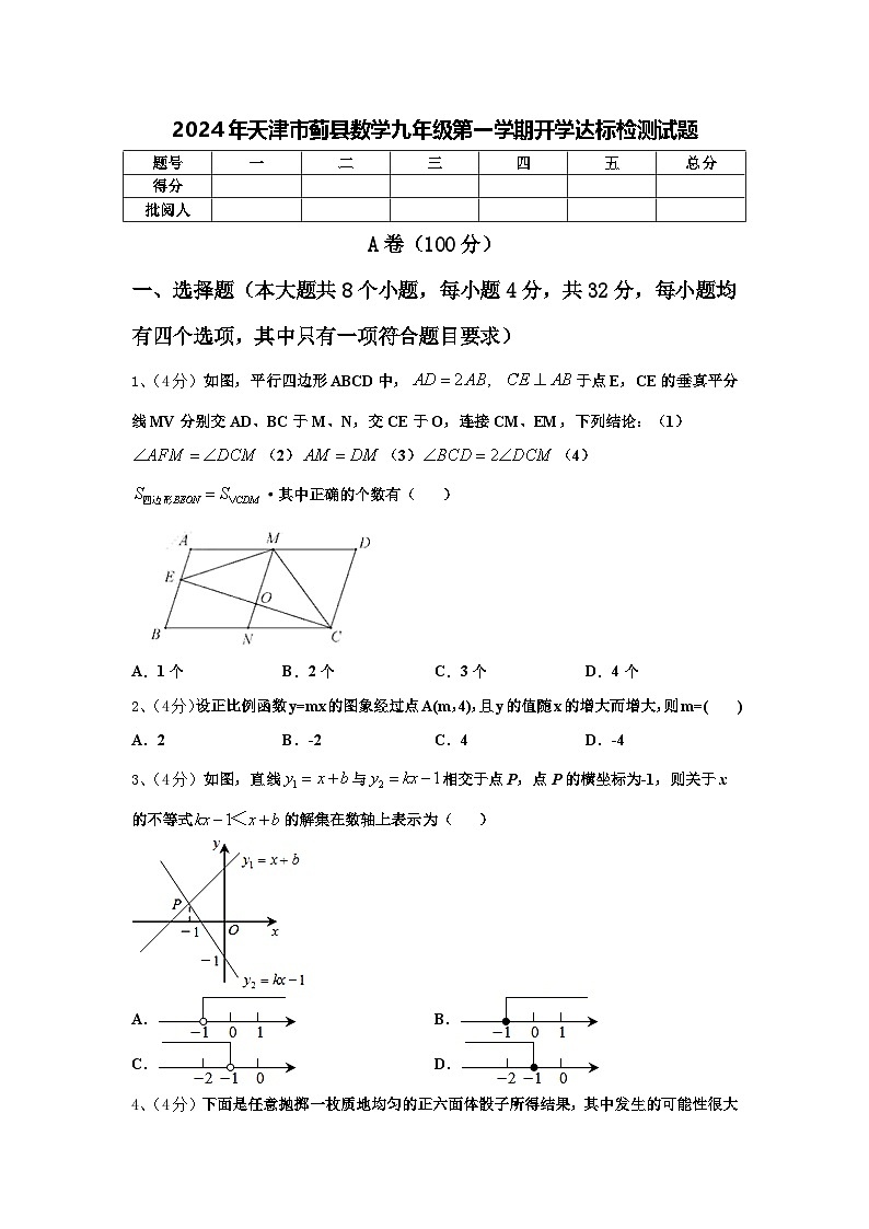 2024年天津市蓟县数学九年级第一学期开学达标检测试题【含答案】第1页
