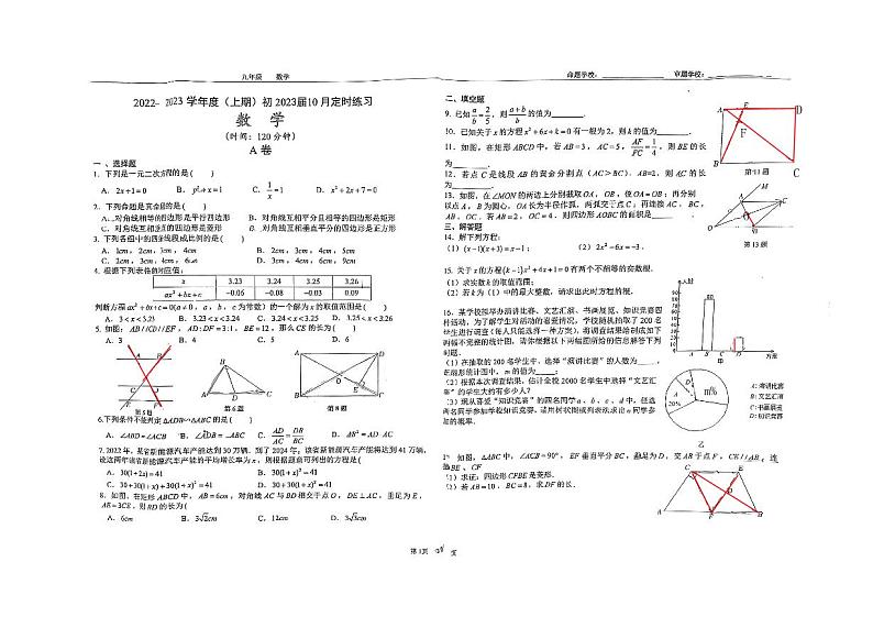 四川省成都市玉林中学2022-2023学年九年级上学期10月月考数学试卷01