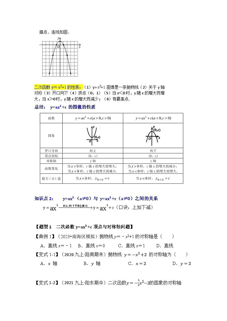 人教版九年级数学上册《知识解读•题型专练》第03讲二次函数y=ax²+c的图像和性质(知识解读+真题演练+课后巩固)(原卷版+解析)第2页