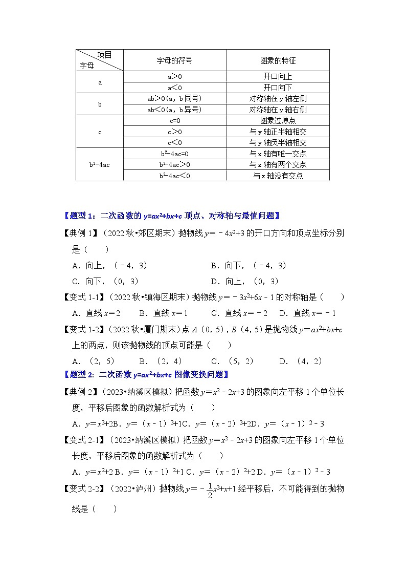 人教版九年级数学上册《知识解读•题型专练》第06讲二次函数y=ax2+bx+c的图象和性质(知识解读+真题演练+课后巩固)(原卷版+解析)第3页