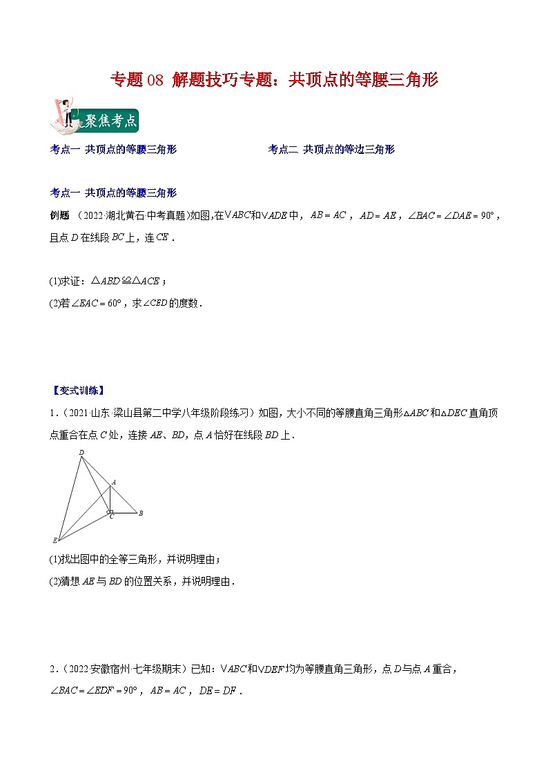苏科版八年级数学上册重难点专题提优训练专题08解题技巧专题：共顶点的等腰三角形(原卷版+解析)01