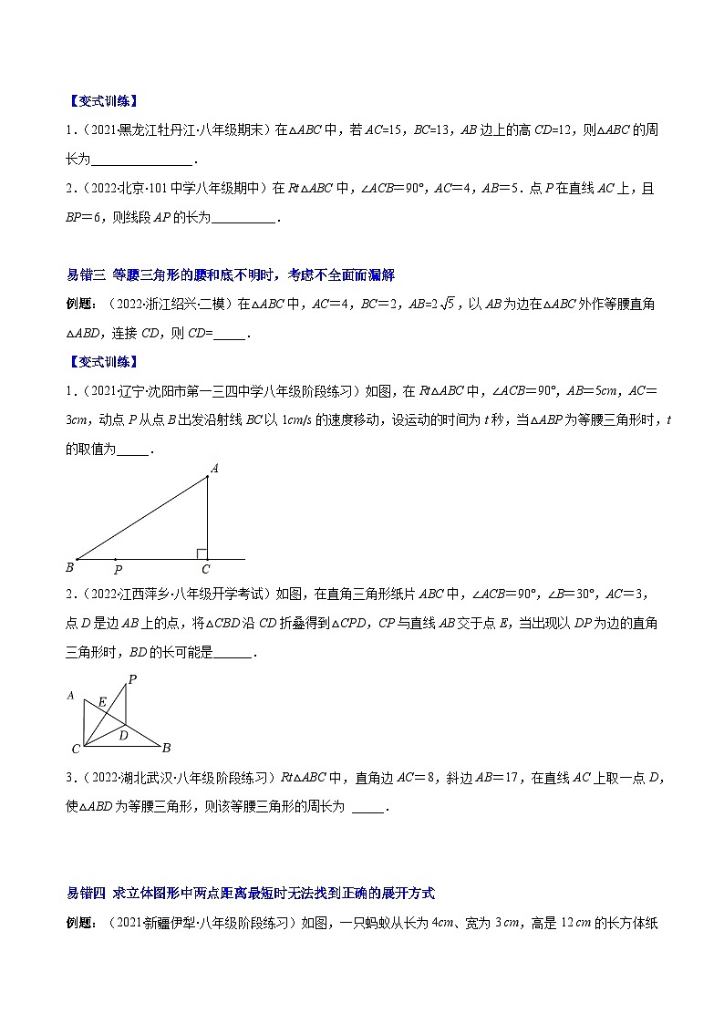 苏科版八年级数学上册重难点专题提优训练专题11易错易混集训：勾股定理(原卷版+解析)02