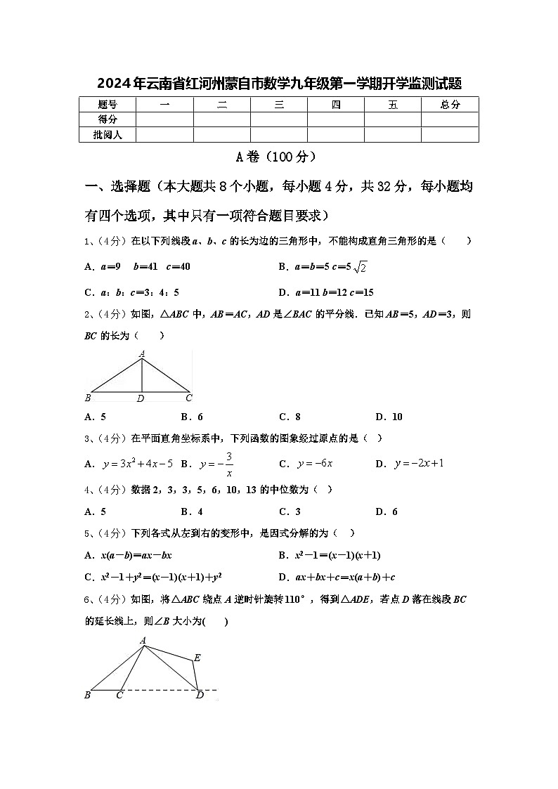 2024年云南省红河州蒙自市数学九年级第一学期开学监测试题【含答案】第1页