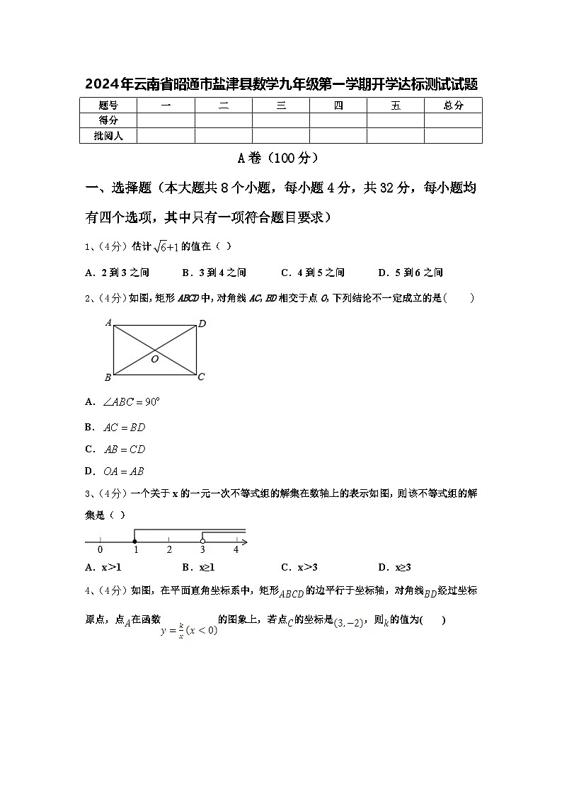 2024年云南省昭通市盐津县数学九年级第一学期开学达标测试试题【含答案】01