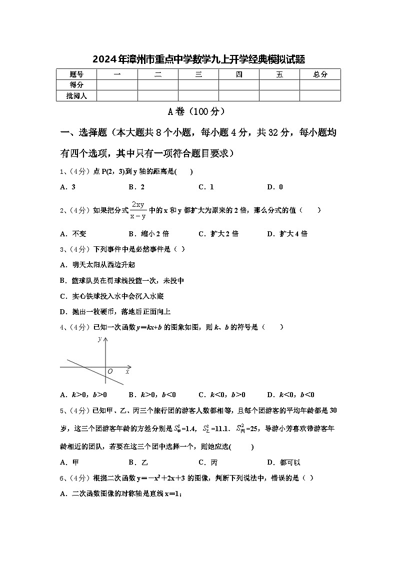 2024年漳州市重点中学数学九上开学经典模拟试题【含答案】01