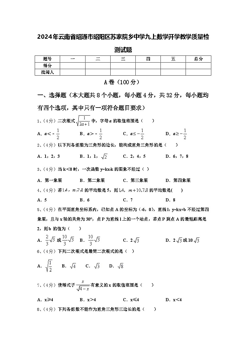 2024年云南省昭通市昭阳区苏家院乡中学九上数学开学教学质量检测试题【含答案】01