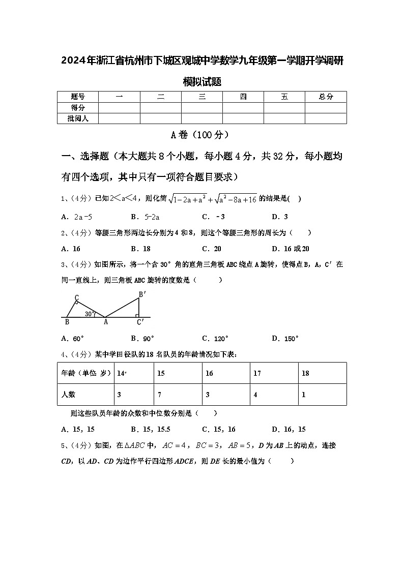 2024年浙江省杭州市下城区观城中学数学九年级第一学期开学调研模拟试题【含答案】01