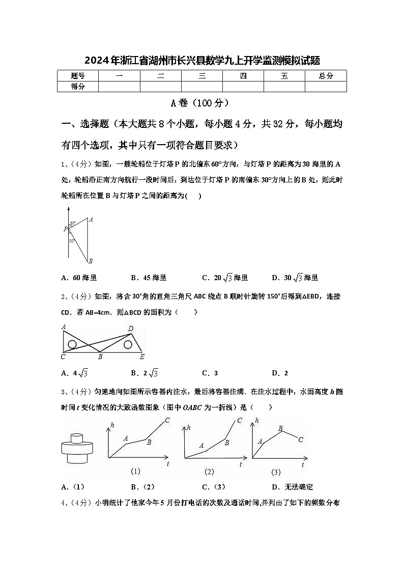 2024年浙江省湖州市长兴县数学九上开学监测模拟试题【含答案】01