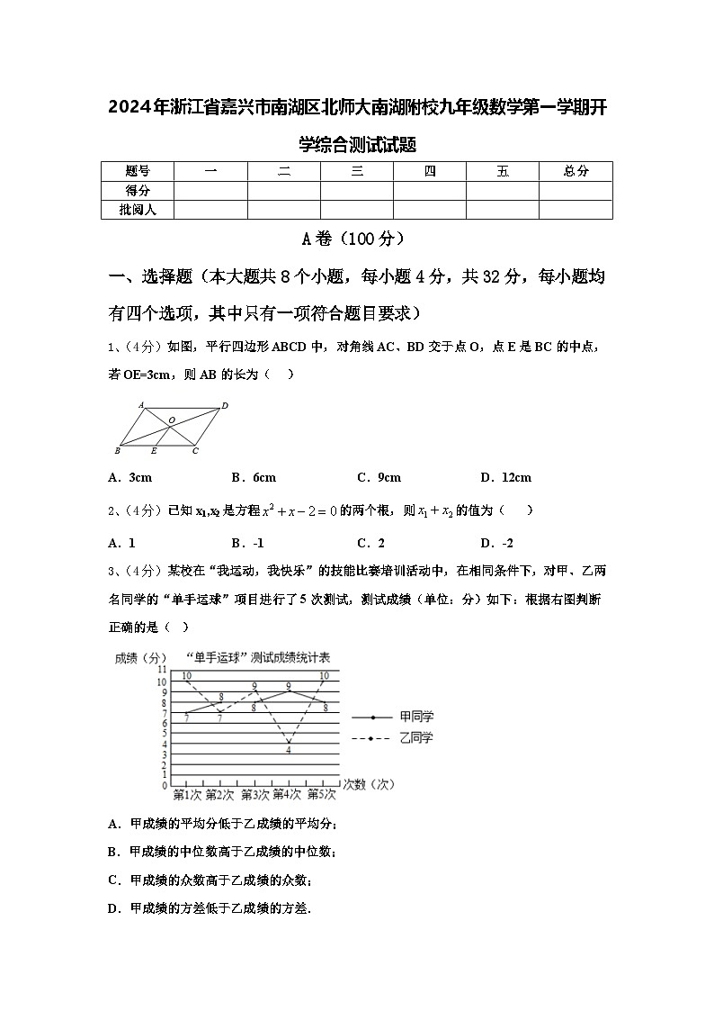 2024年浙江省嘉兴市南湖区北师大南湖附校九年级数学第一学期开学综合测试试题【含答案】第1页