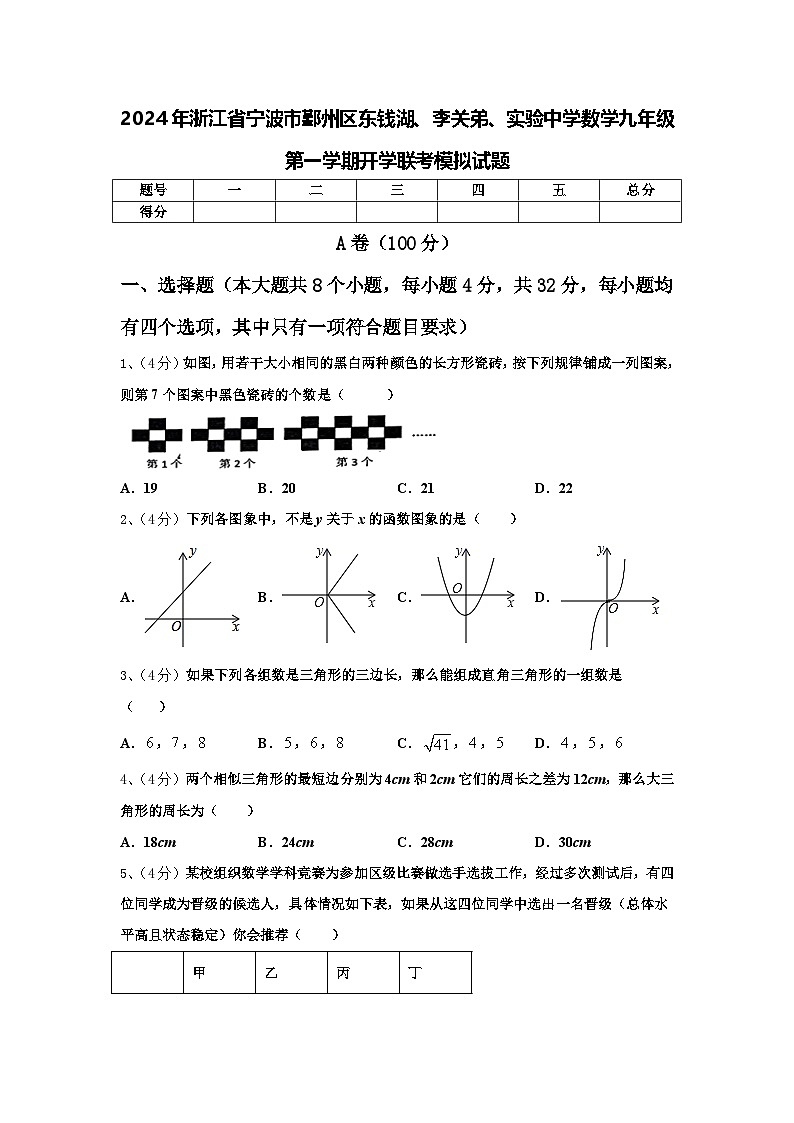 2024年浙江省宁波市鄞州区东钱湖、李关弟、实验中学数学九年级第一学期开学联考模拟试题【含答案】01