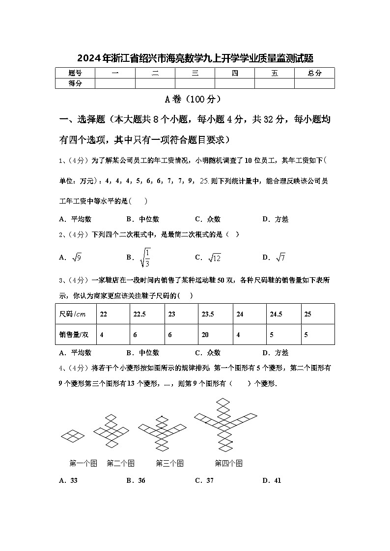2024年浙江省绍兴市海亮数学九上开学学业质量监测试题【含答案】第1页