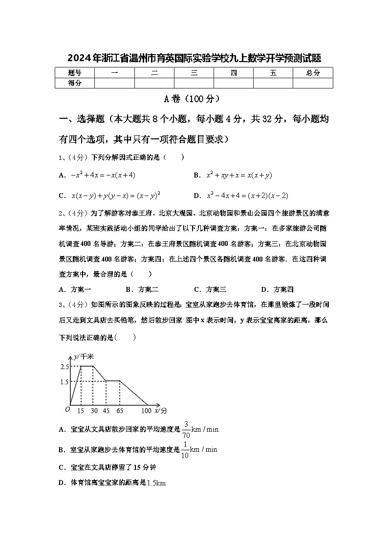 2024年浙江省温州市育英国际实验学校九上数学开学预测试题【含答案】01