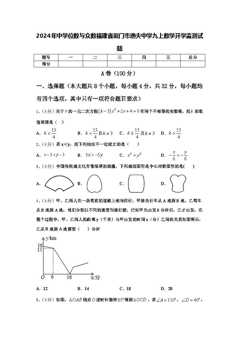 2024年中学位数与众数福建省厦门市逸夫中学九上数学开学监测试题【含答案】01