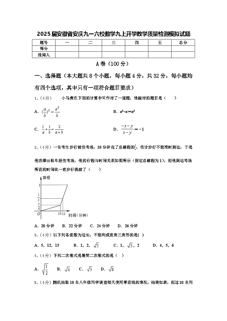 2025届安徽省安庆九一六校数学九上开学教学质量检测模拟试题【含答案】01