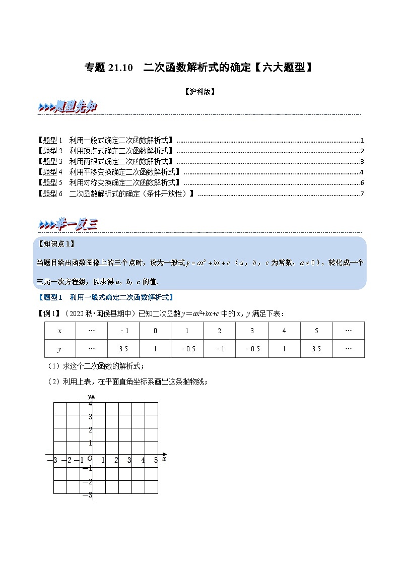 沪科版九年级数学上册举一反三专题21.10二次函数解析式的确定【六大题型】特训(原卷版+解析)第1页