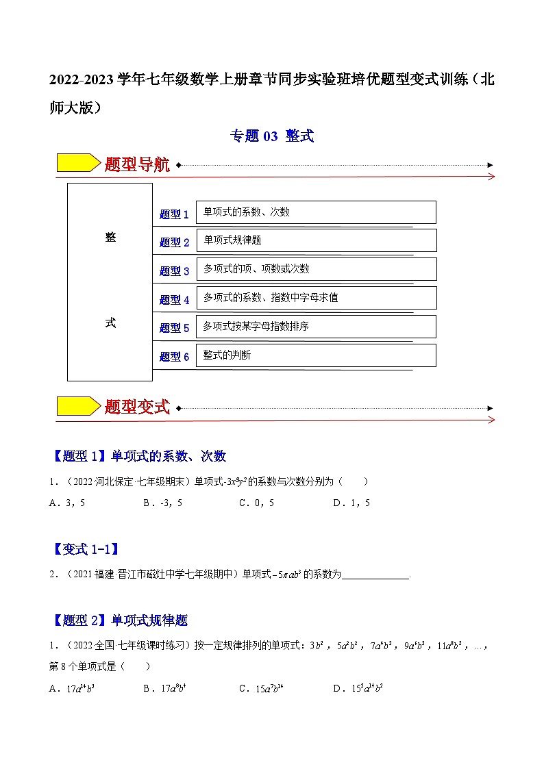 北师大版七年级数学上册章节同步实验班培优题型变式训练专题03整式(原卷版+解析)第1页
