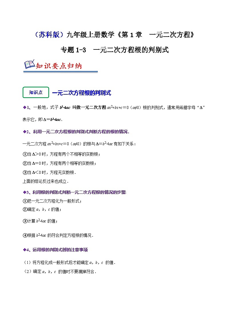 苏科版九年级数学上册同步精讲精练专题1-3一元二次方程根的判别式(原卷版+解析)第1页