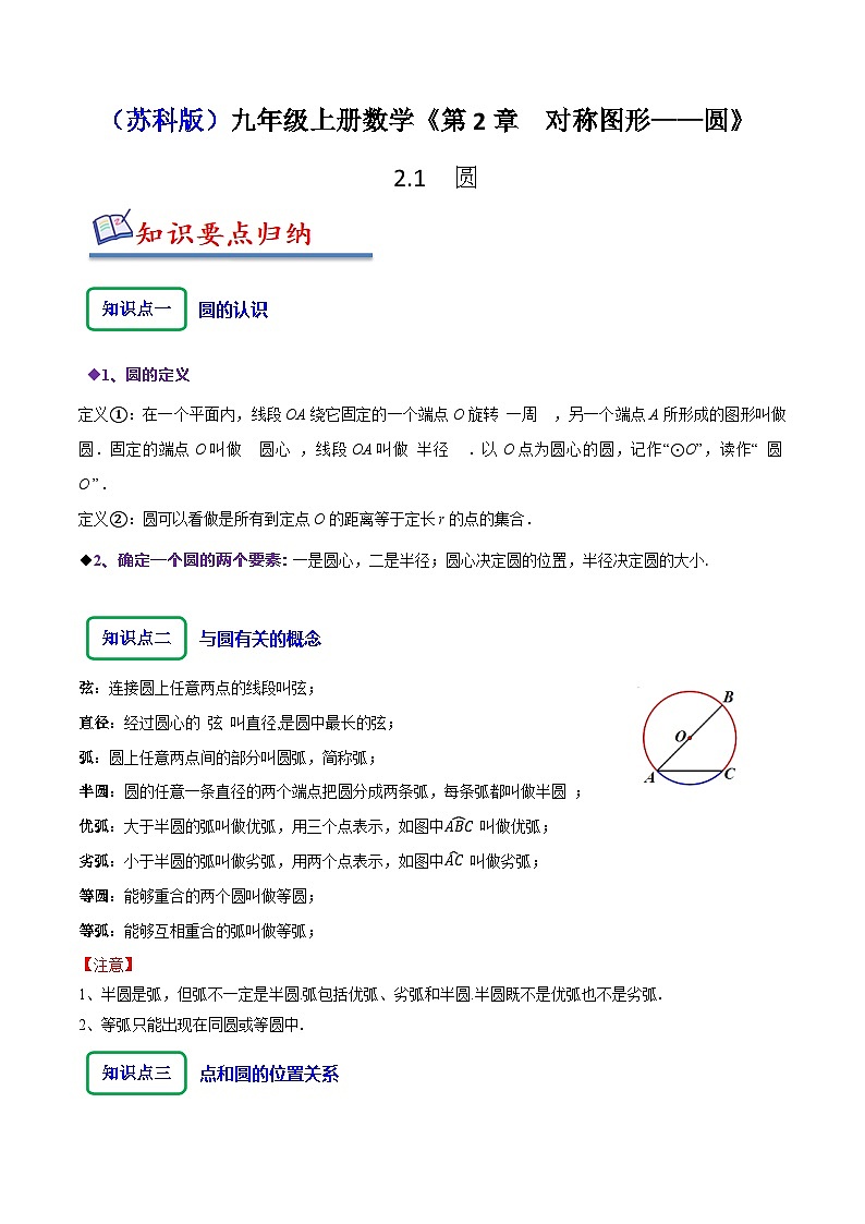 苏科版九年级数学上册同步精讲精练2.1圆(原卷版+解析)第1页
