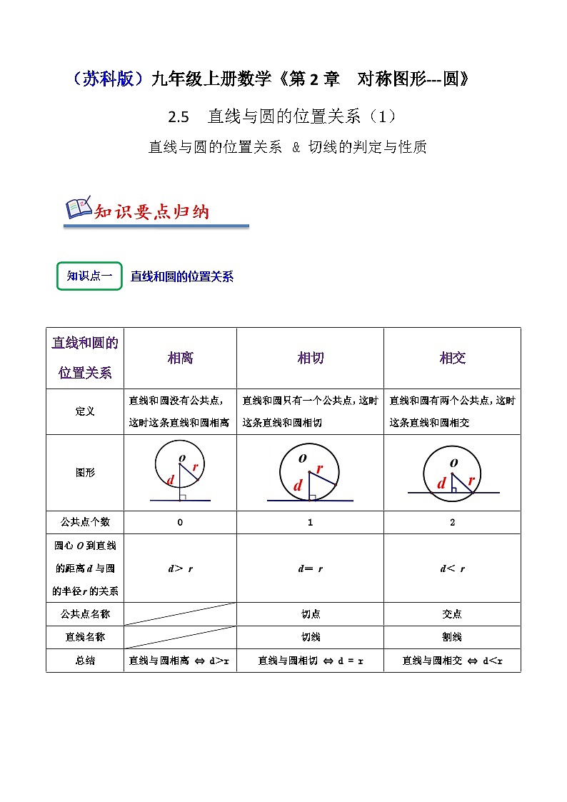 苏科版九年级数学上册同步精讲精练2.5直线与圆的位置关系(切线的判定与性质，十大题型)(原卷版+解析)第1页